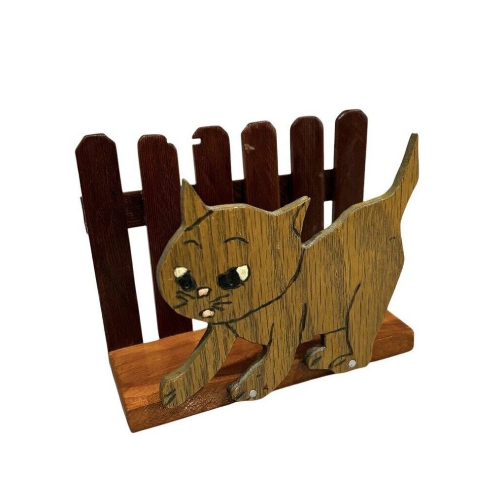 Vintage Handmade Cat Kitten Napkin Holder Wood Grannycore Cottagecore Kitsch